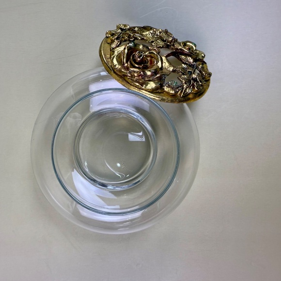 Vintage Glass Trinket Dish with Ornate Brass Rose Lid | Hollywood Regency Style - Picture 12 of 13